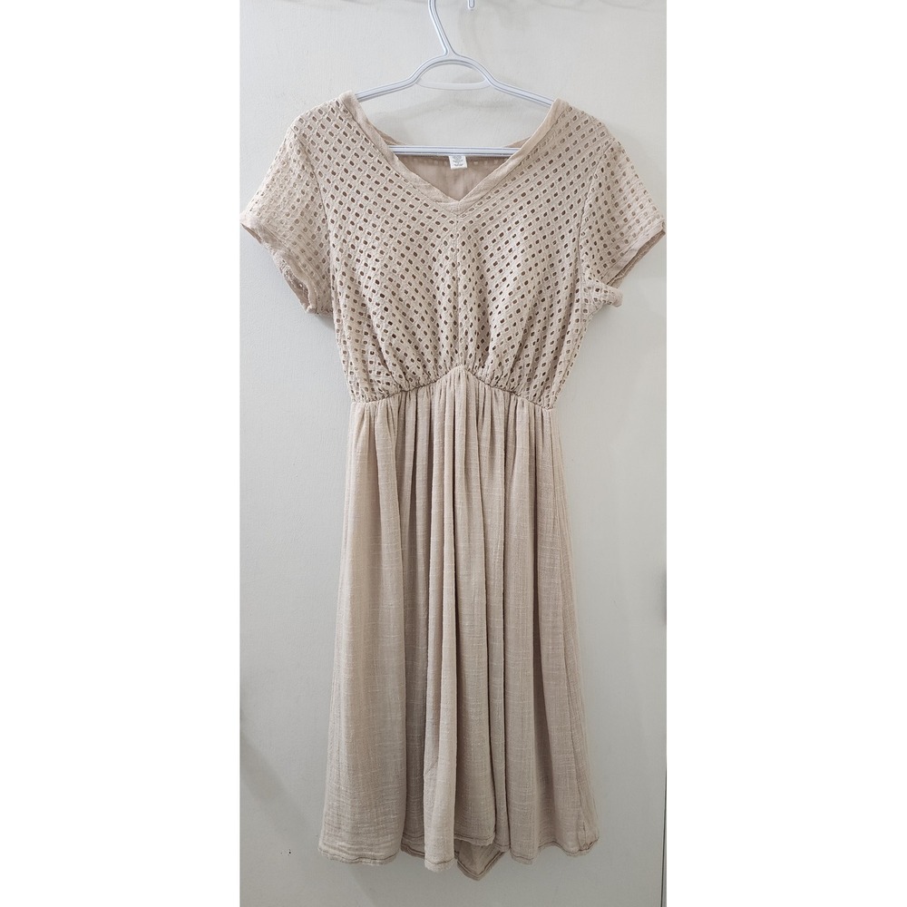 VASNA Women Beige Eyelet Lace Gauze Midi Dress V-Neck Short Sleeve Small